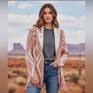 Anthropologie Electric & Rose Fringe Cardigan Sweater, Aztec, Peach, NWT, Small